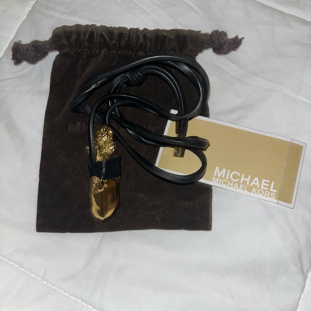 Michael Kors Black Leather Necklace with Gold Accent Pendant